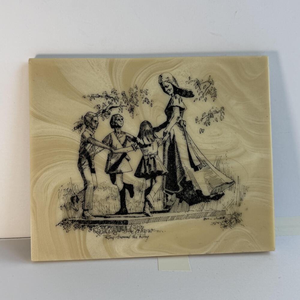 Vintage Ring Around The Rosy Resin Plaque Nursery Rhyme Beige Tabletop Art USA